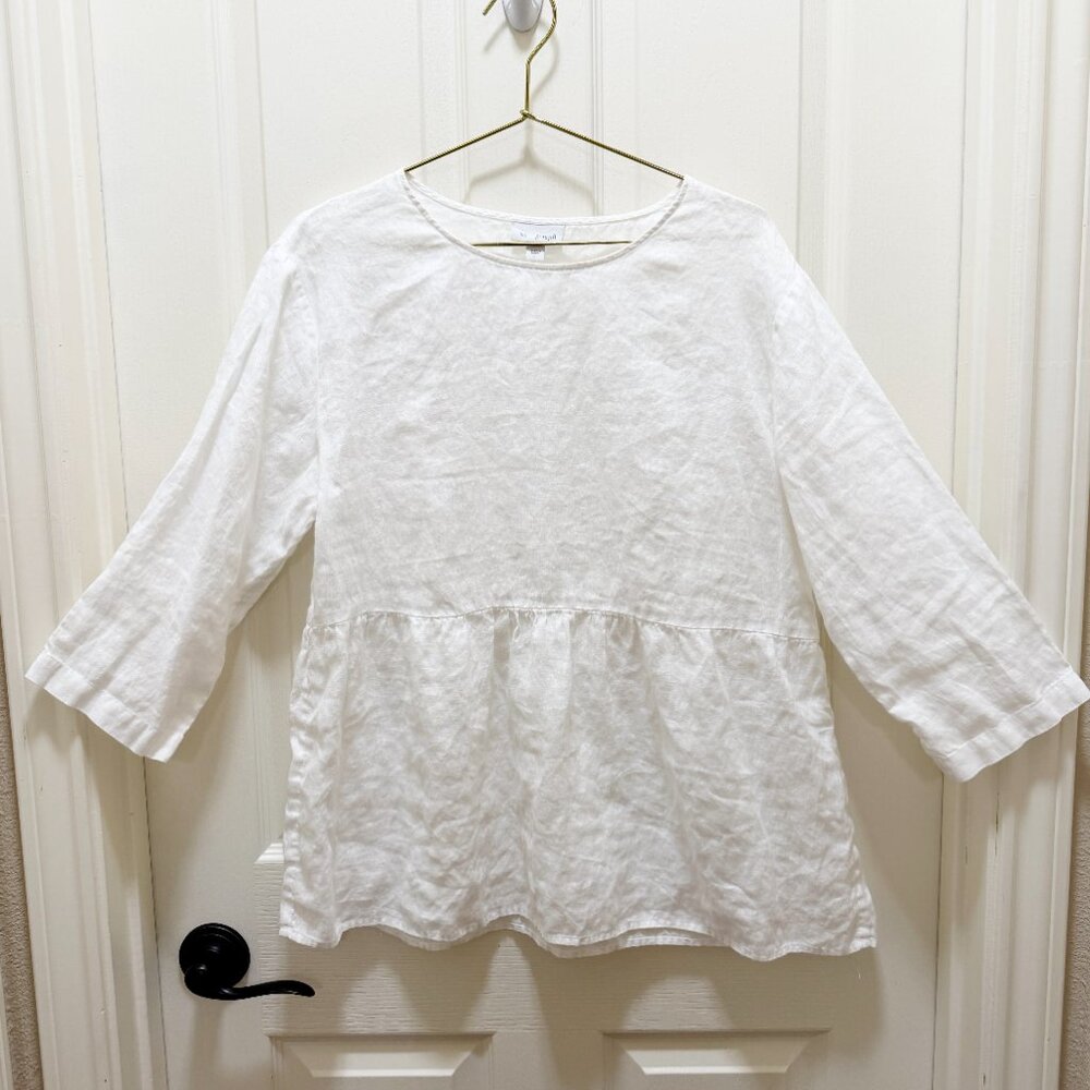 J Jill Women's 100% Linen Tiered Top Size S White Peplum Relaxed Flowy Fit Boho